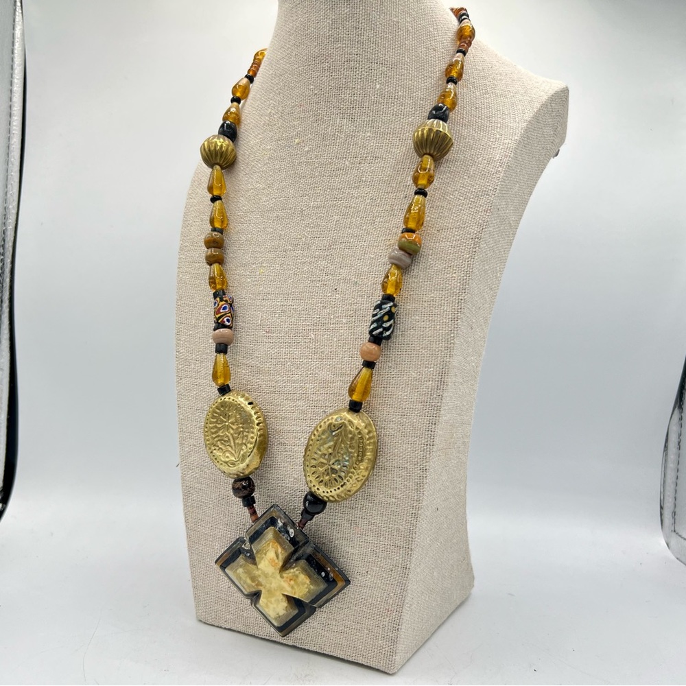 Vintage carved boho tribal necklace 24” India beaded - Picture 7 of 9